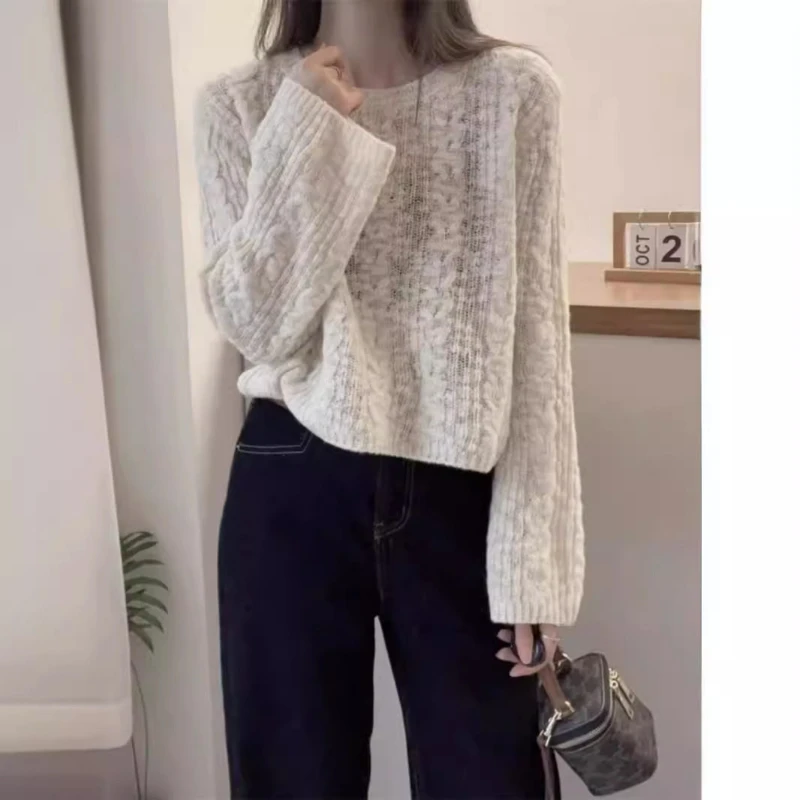 Весенне-осенний новый однотонный модный свитер с круглым вырезом и длинными