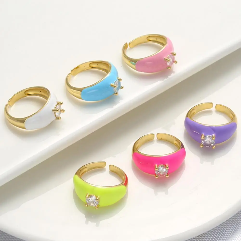 

Multicolor Dripping Oil Enamel Ring Copper Rhinestone Opening Wide Finger Ring Jewelry Accessory