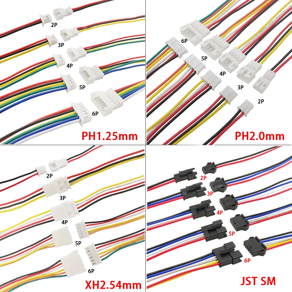 

5Pair/10Pcs JST/PH/XH/SM Male Female Plug Jack 2/3/4/5/6Pin Wire Connector Pitch 1.25mm 2.0mm 2.54mm Electronic Cable 10/15/20CM