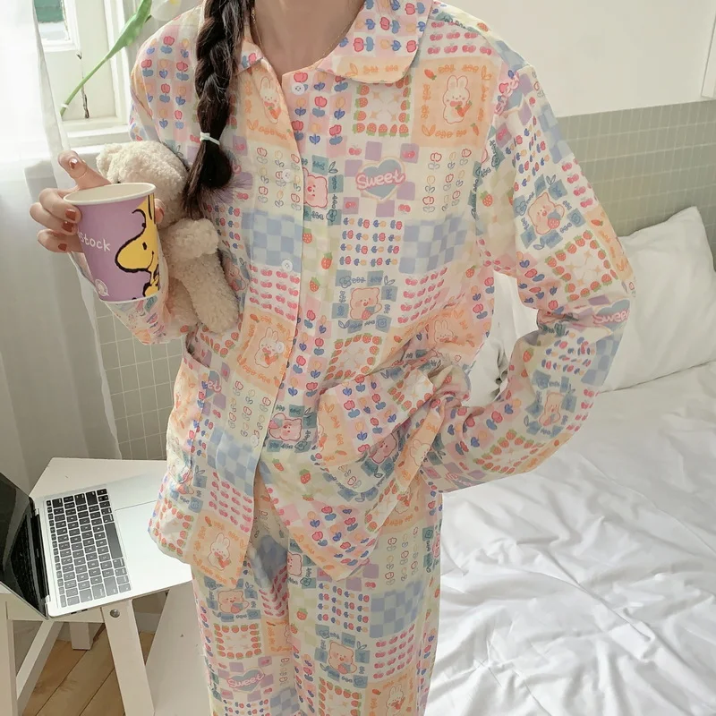 

Rabbit Pig Colorful Print 100% Cotton Pajamas Set Spring Autumn Sleepwear 2 Pieces Set Pants Pijamas Women Home Wear SuitsS316