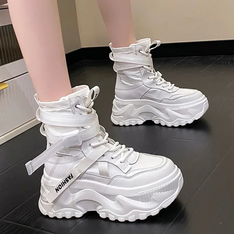 

Fashion Women Chunky Platform Motorcycle Boots White Lace Up Thick Bottom Shoes Woman Autumn Winter Ankle 2023