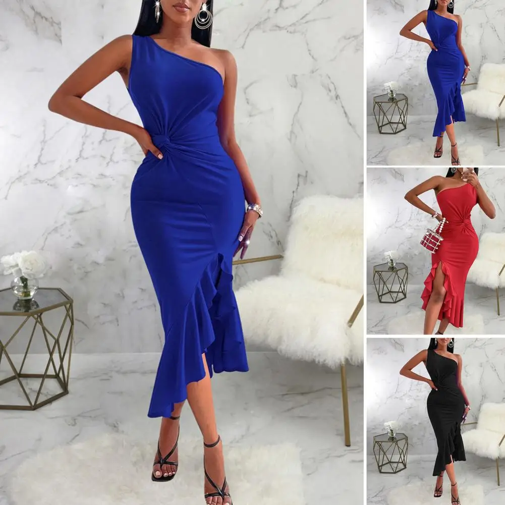 

Banquet Dress Women Solid Color Pleated One Shoulder Oblique Neck Irregular Hem Mid-claf Length Bodycon Party Dress Prom Dress