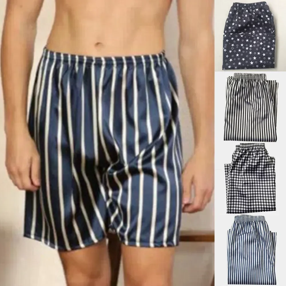 

Атласные эластичные клетчатые мужские шорты, домашние штаны, свободная Мужская шелковая ночная одежда, мужская пижама с поясом для сна, пижамные штаны