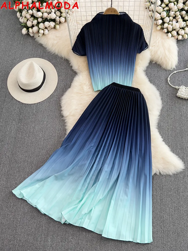 

Женский винтажный костюм ALPHALMODA, плиссированная блузка с короткими рукавами с градиентным принтом и трапециевидная юбка, комплект из 2 предм...