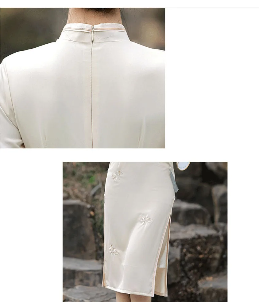 Женское приталенное платье-Ципао бежевое винтажное платье средней длины с