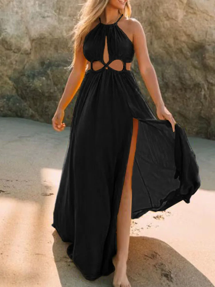 

Женское однотонное платье-трапеция с открытой спиной, без рукавов