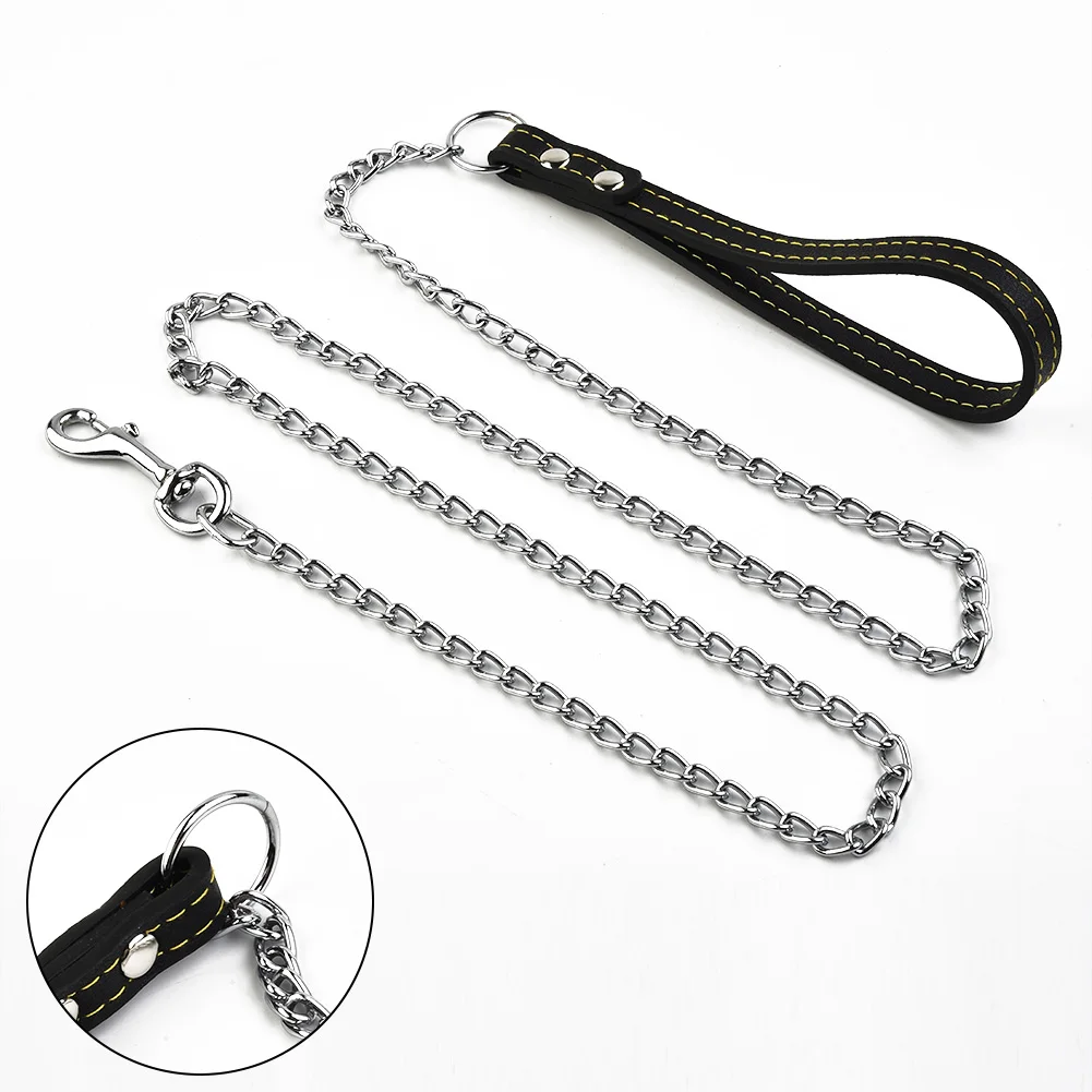 

Metal Chain Dog Lead With Leather Dog Harness Leash Style Handle Strong Control Leash Outdoor Security Training Dog Harness Supp