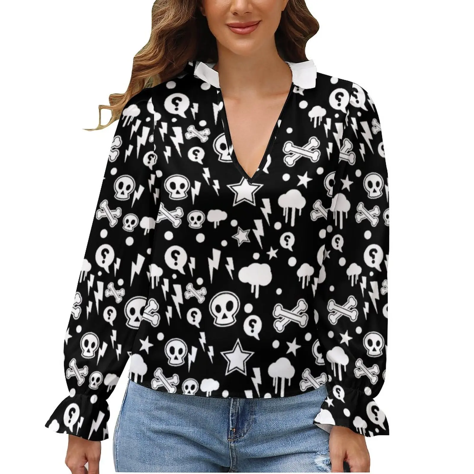 

Gothic Blouse Clouds Puff Sleeve Ladies Cute Collar Shirt Social Large Size Shirts