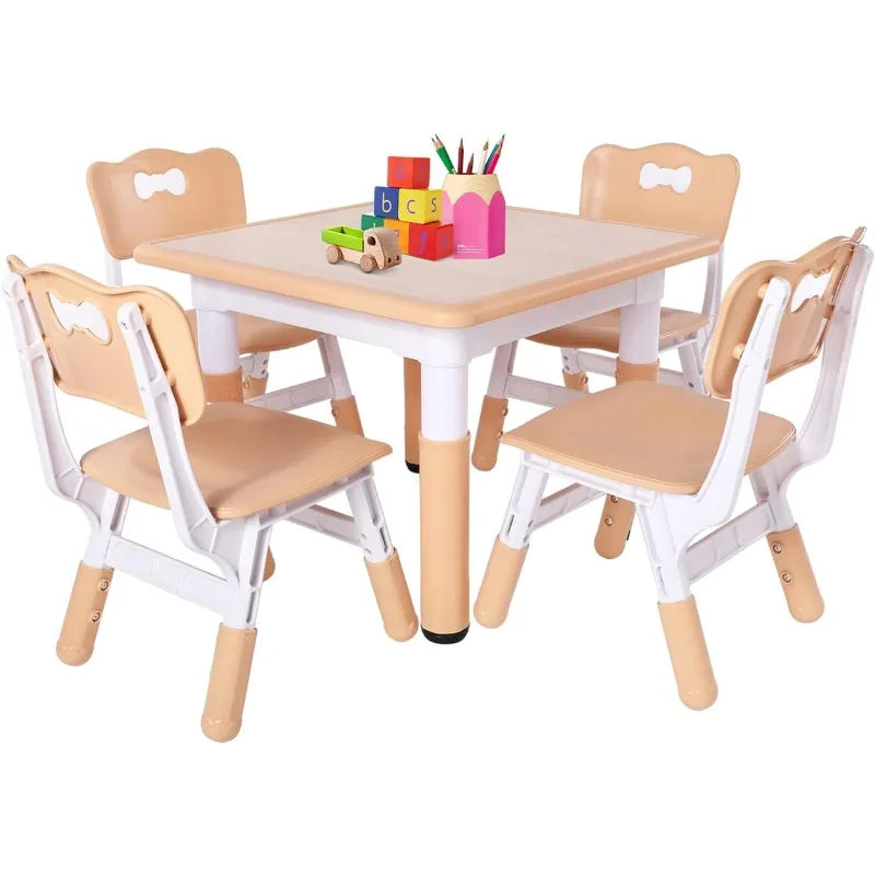 Kids Table and 4 Chairs Set, Height Adjustable Toddler Table and Chair Set for Ages 3-8, Easy to Wipe Arts & Crafts Table