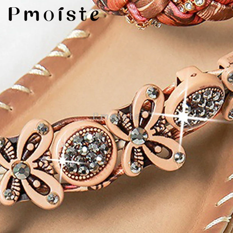 Women Sandals Summer Bohemia Rhinestones Holiday Beach Sandals Twist Ankle Strap Thick Sole Shoes for Women Soft Flip Flops 2023