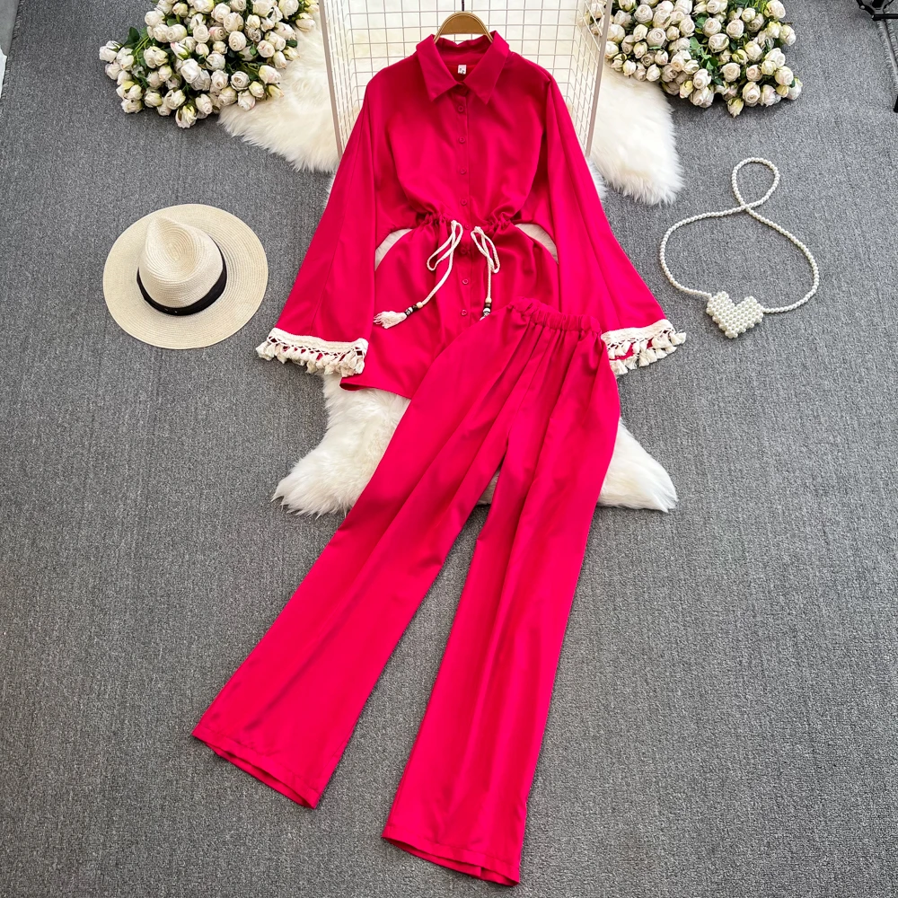 

Clothland Women Elegant Tassel Tie Long Blouse Pants Suit Long Sleeve Shirt Long Trousers Chic Two Piece Set Mujer TA076
