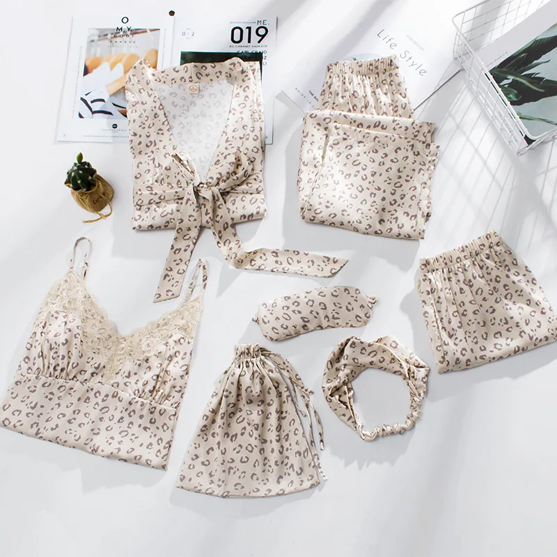 7pcs Women's Silk Pajamas Sets Home Robe Pants Sets Lace Satin Pyjamas Women Spring Summer Pyjama Sets Travel Kit Dropshiping