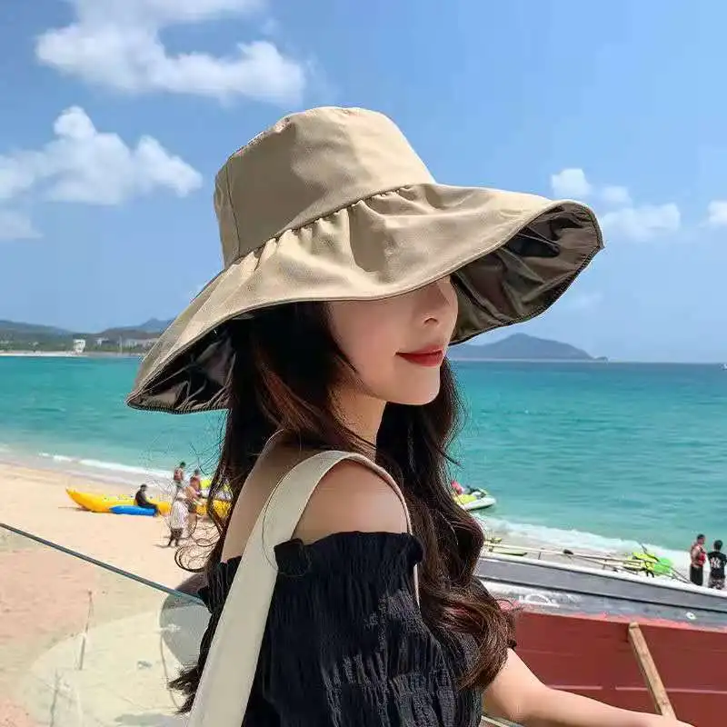 

Wide Brim UPF 50+ Sun Hat Women Anti-UV Protection Hiking Fisherman Cap Fold Summer Solid Beach Bucekt Hat Fishing Cap