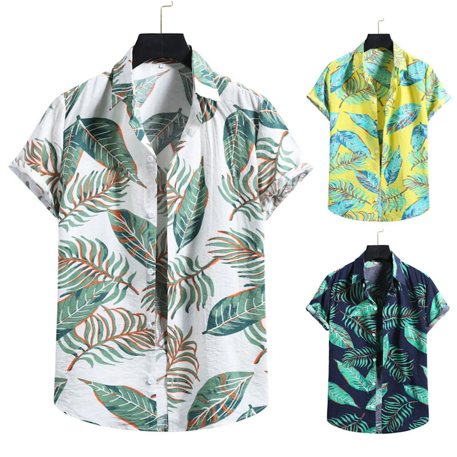 

Летняя мужская модная рубашка с принтом листьев, короткими рукавами, отворотами и пуговицами, повседневная Гавайская пляжная блузка, свободные топы, хип-хоп рубашки # g3