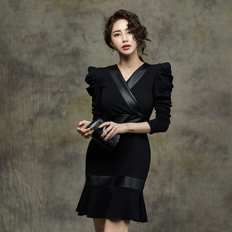 

Женское платье-Русалка WTIANYUW, модельное дизайнерское облегающее платье из искусственной кожи с V-образным вырезом и оборками в Корейском стиле, Осень-зима 2022