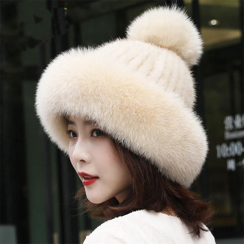 

Mink Beanie New Japanese Imp Knit Mink Fur Hat Autumn/Winter Cute Fox Fur Tip Jumper For Ladies