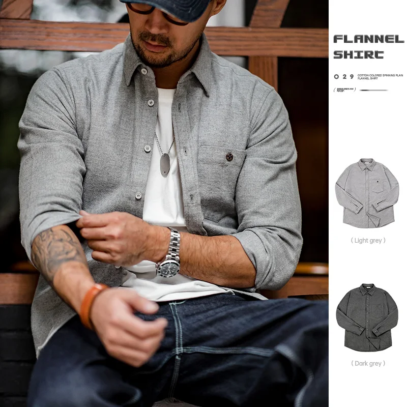 For Men Business Long Sleeve Social Shirt Fashion Solid Color Flannel Blouse Vintage Clothes