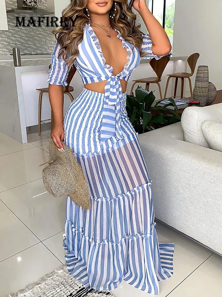 

Striped Sexy Matching Set Women Long Skirt 2PCS Slim Outfit V-Neck Half Sleeve Short Top Summer Elegant Ladies Suit Streetwear