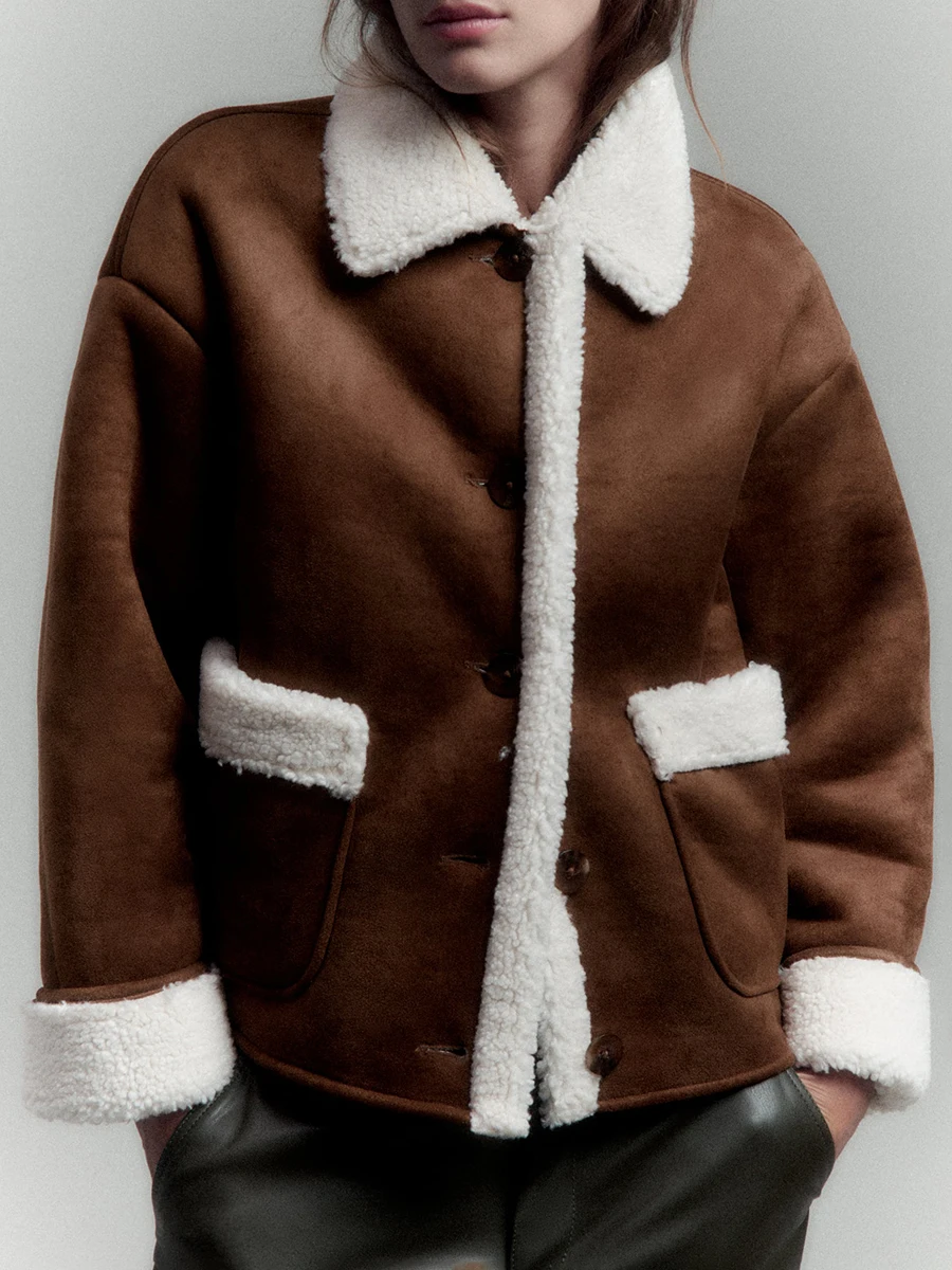 

Lamb Fleece Polo Collar Spliced Coat Women Loose Fur Double Faced Jacket Patch Pockets Autumn Winter New Female Vintage Tops