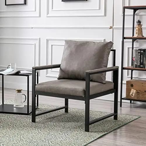 

Кожаный акцентный стул века для гостиной, современное кресло с поясной подушкой, мягкие стулья для гостиной с металлической обивкой