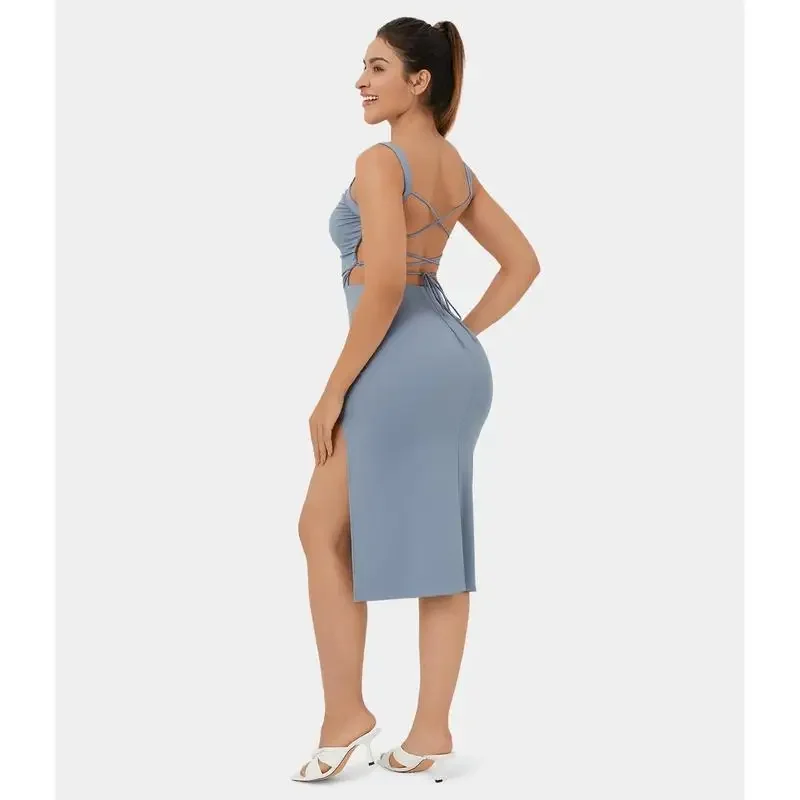 Повседневное облегающее платье миди со шнуровкой и открытой спиной рюшами Halara |