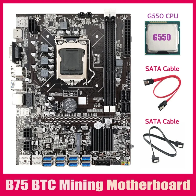B75 ETH Mining Motherboard 8XPCIE USB Adapter+G550 CPU+2XSATA Cable LGA1155 MSATA B75 USB Miner Motherboard