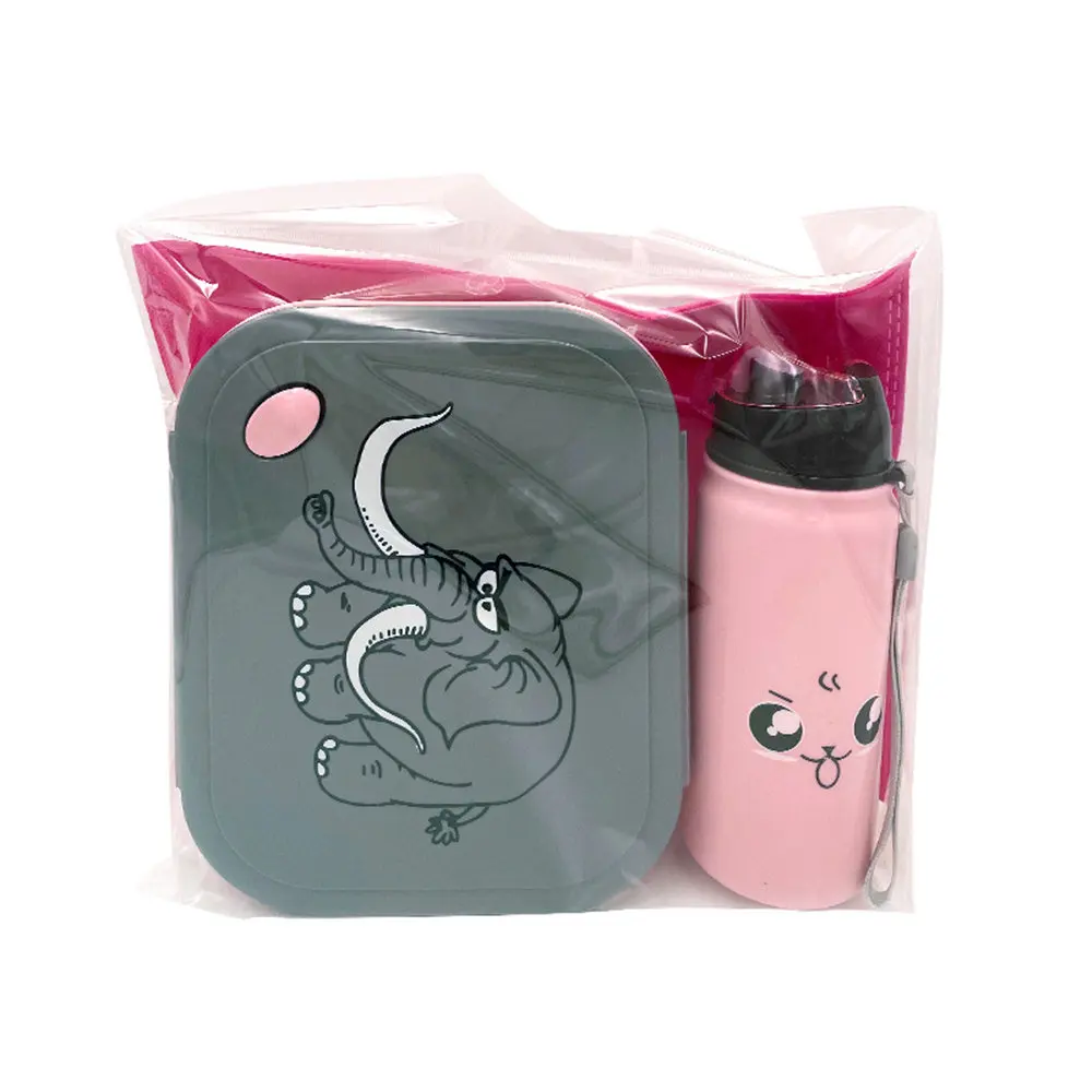 Cartoon Elephant Pattern Kids Lunch Box With Water Bottle Sets Food Grade PP Bento Box With 4 Compartment Microwave Oven Safe