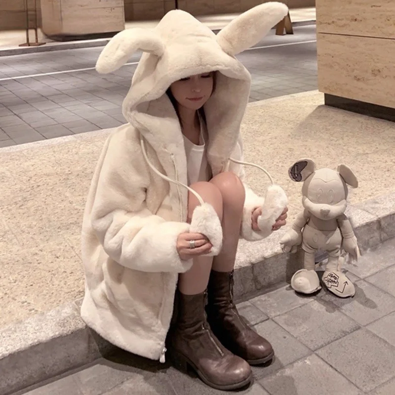 Winter Jacket Women's Zipper Oversized Soft Harajuku Kawaii Hooded Rabbit Ears Plush Faux Cashmere Coat Plus Velvet Padded 2021