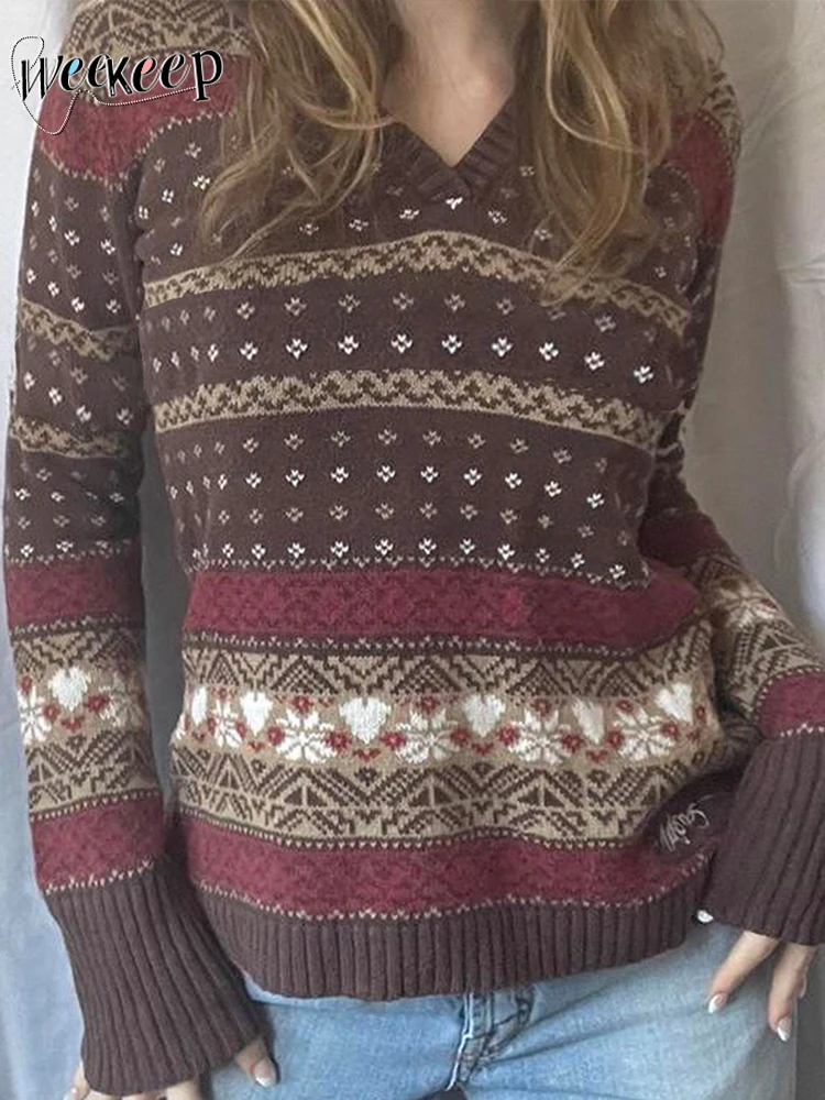 

Weekeep/Винтажный Рождественский свитер с капюшоном, с графическим принтом, с длинным рукавом, свободные трикотажные джемперы, толстовка y2k, ми...