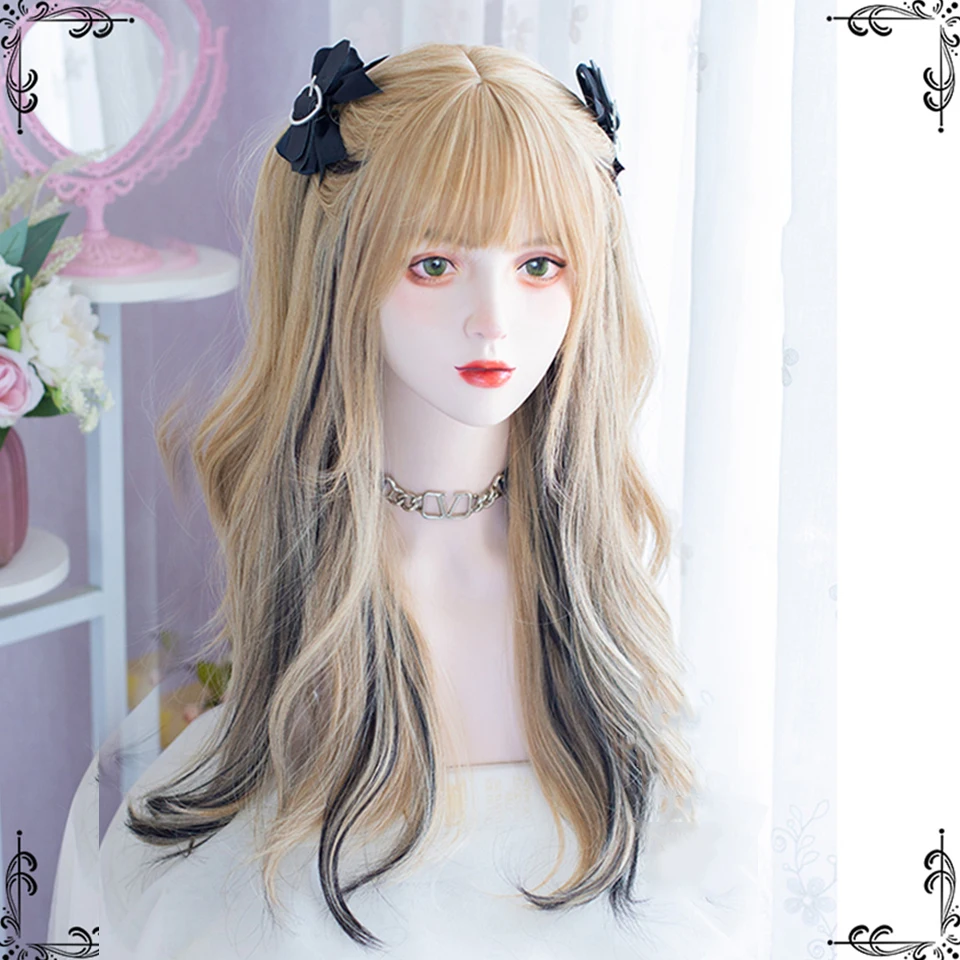 AS Long Wavy Black Blonde Synthetic Wig Ombre Blonde Wig With Fluffy Bang Women Natural Heat Resistant Fiber Hair Wig