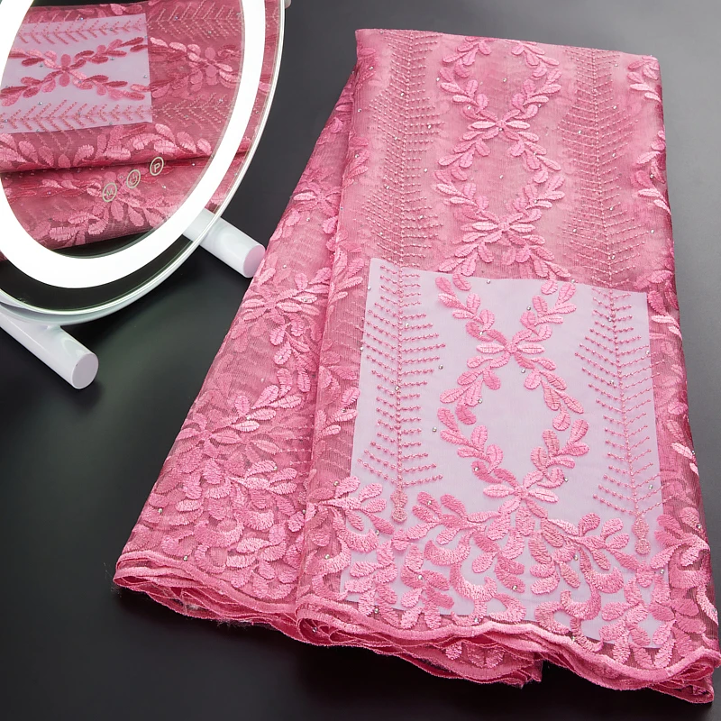 

Pink French Mesh Net Tulle Lace Fabric 2022 Latest Nigerian African Lace Fabric Embroidery For Bride Bridesmaid Dress A2998