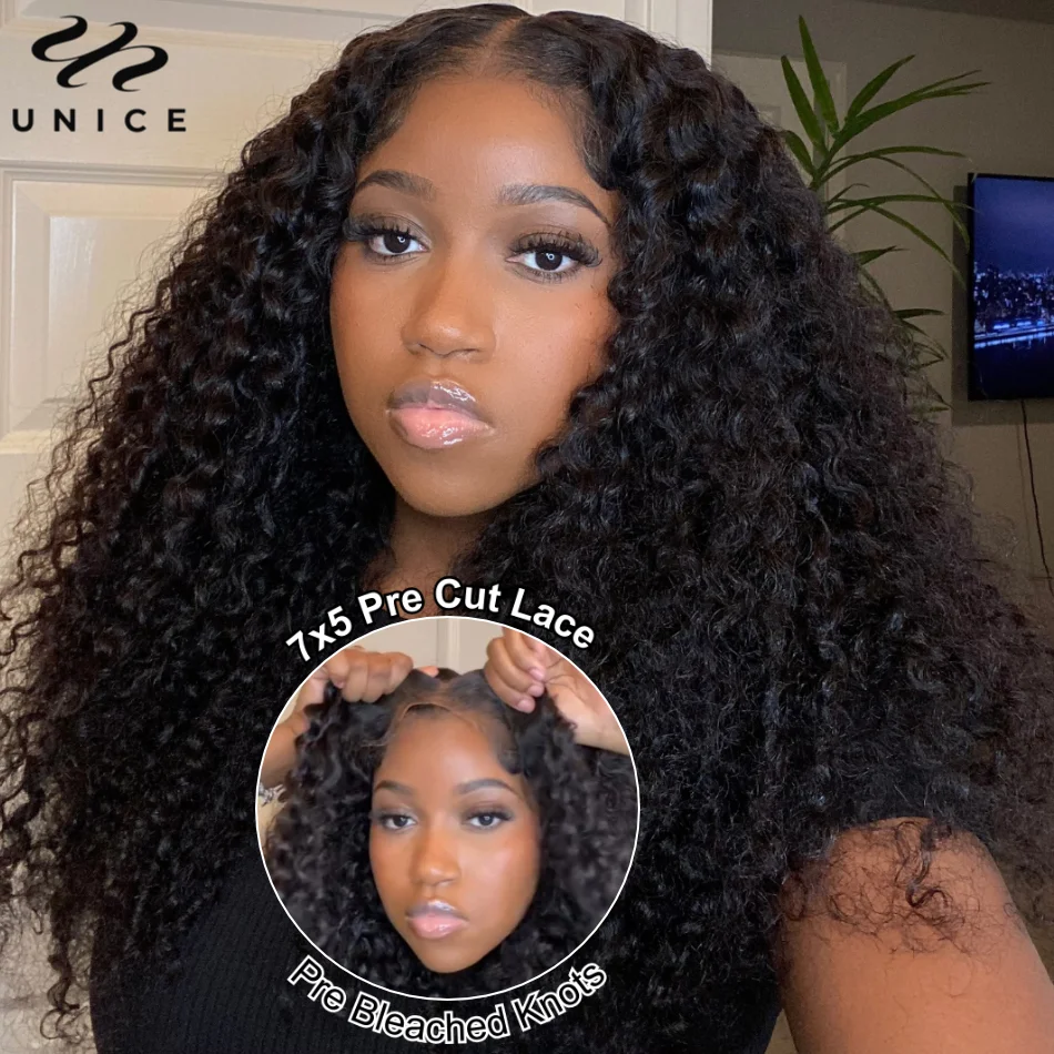 

UNice New Wig Bleached Knots 7x5 Pre-Cut Lace Wig Human Hair Jerry Curly Wig Pre Plucked Deep Parting Wear Go Glueless Wig