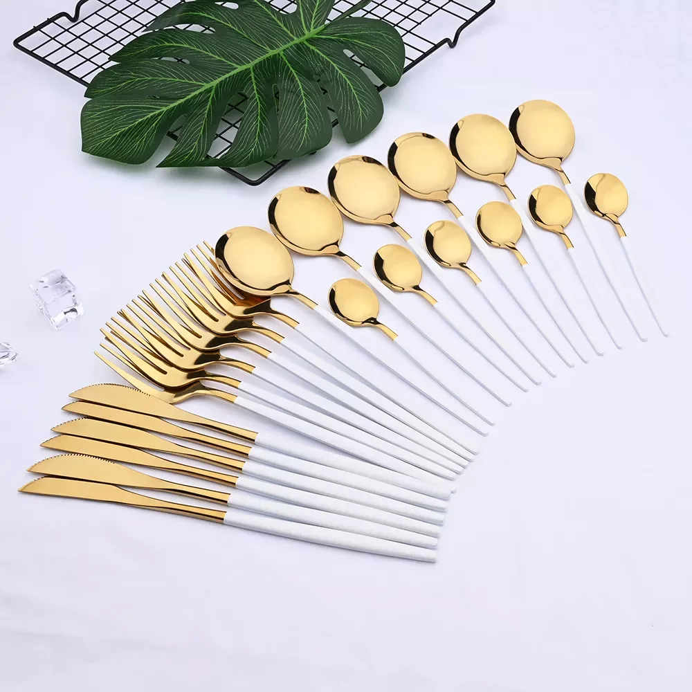 

24pcs White Gold Dinnerware Set Stainless Steel Knife Fork Spoon Cutlery Set Kitchen Tableware Set Flatware Set Wholesale