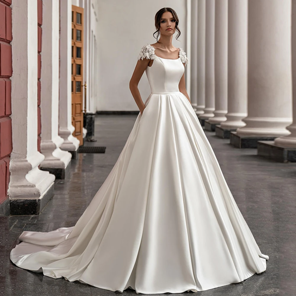 

Gorgeous Satin Wedding Dress Cap Sleeve Scoop Neck Flowers Court Train A Line Bridal Gown with Pockets Robe De Mariee