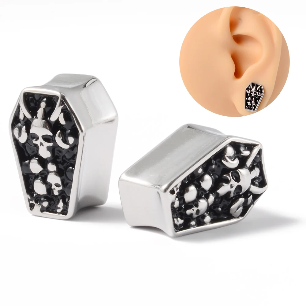 

1Pair Quality Stainless Steel Popular One-Piece Auricle Skull Pattern Ear Expansion Carved Piercing Ear Expanders Piercing Jewe