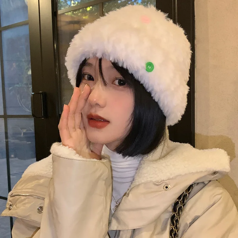 

Вязаная плюшевая шапка на пуговицах для женщин на осень и зиму утолщенная теплая шерстяная шапка для пары