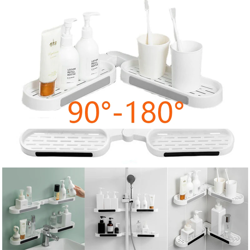 

90°-180° Revolving Bathroom Shelves Rack Punch-free Countertop Corner Bath Shower Organizer Wall Mounted Washstand Storage Rack