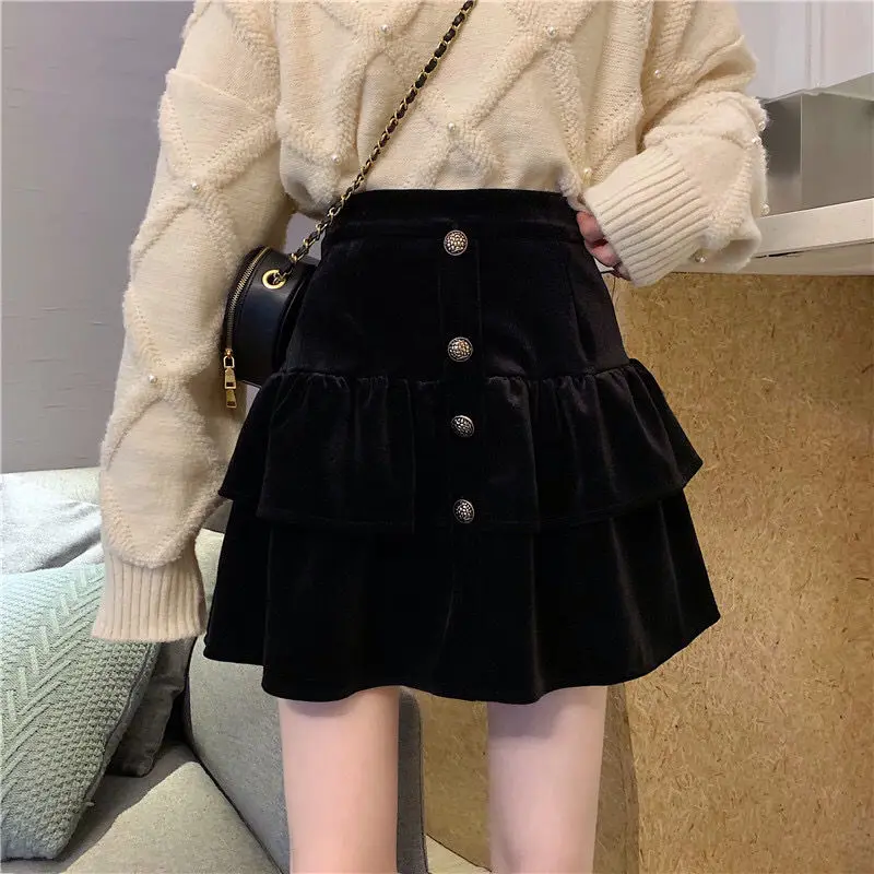 

Woman Golden Velvet Skirts Female Spring Casual Elastic High Waist Soft A-line Skirt Ladies Retro Ruffle A-line Black Skirt G125