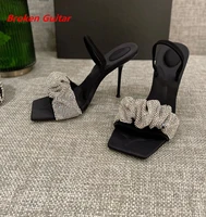 square head rhinestone stiletto strap sandals womens all match open toe sexy black leather high heels summer