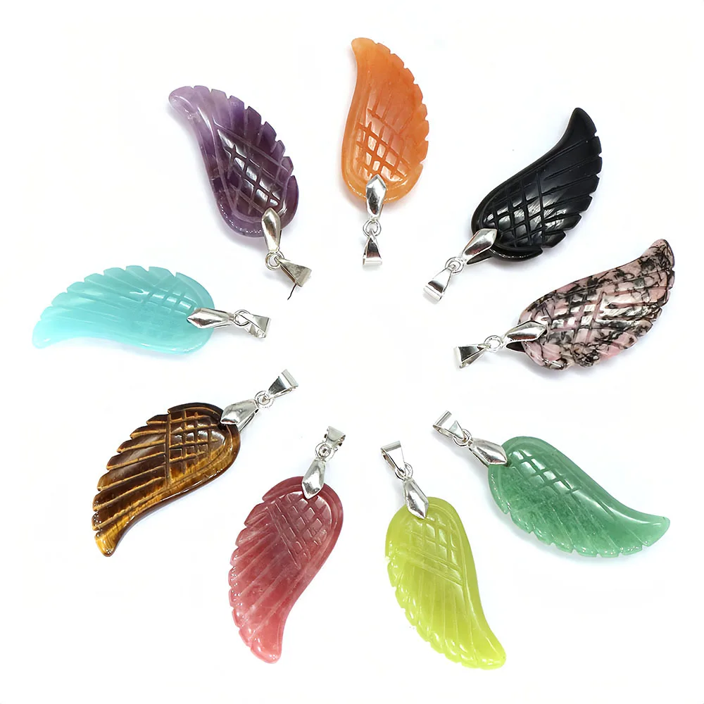 35mm Angel Wing Pendant Natural Stone Amethyst Pink Quartz Reiki Healing Crystal DIY Necklace Fashion Gemstone Jewelry Love Gift