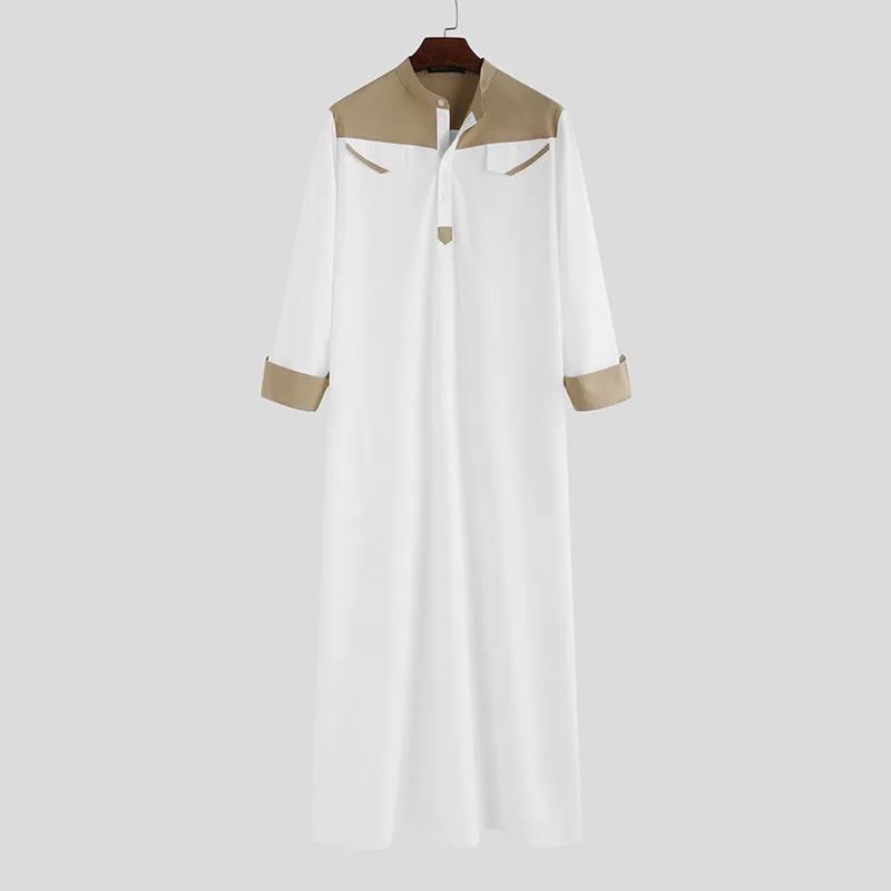 Plus Size Middle East Jumpsuit Long Shirt Muslim Robe Simple Stand Collar Patchwork Long-sleeved Men's Islamic National Costume