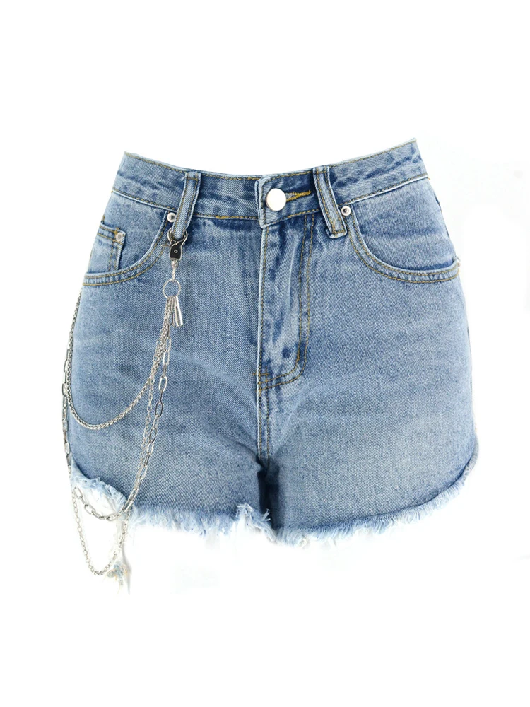 Women Vintage Washed Raw Hem Frayed Blue Denim Shorts Spring Summer Female High Waist Loose Jeans Shorts Bottoms