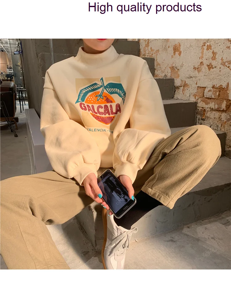 

New 2023 In Korea Style Print Long Sleeve Women Pullover Casual Turleneck Ladies Hoodies Spring Clothing Loose Top