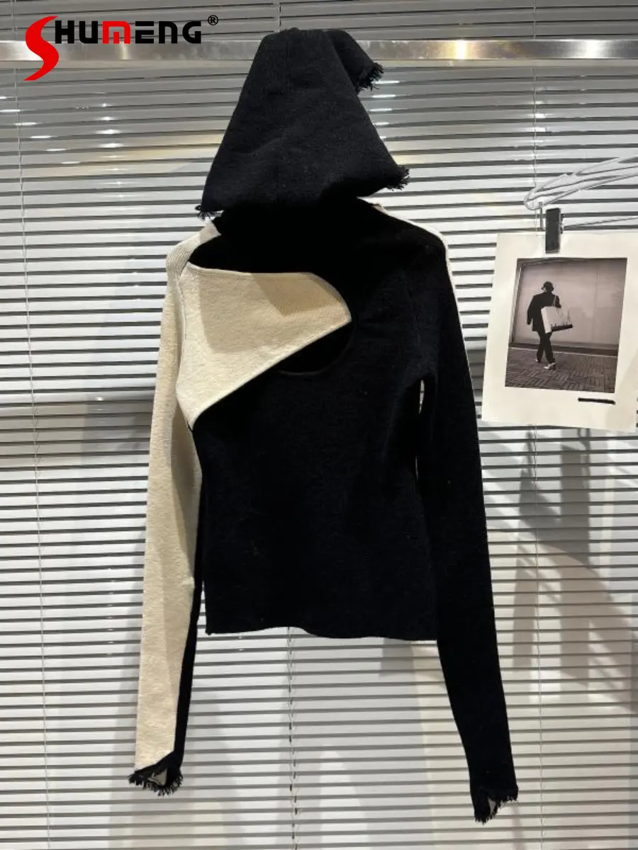 

Женский трикотажный свитер с бахромой, простой пуловер контрастных цветов с прострочкой в стиле ретро, зима 2022