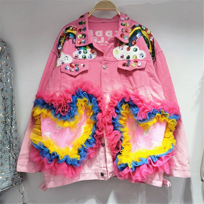 2022 Spring New Rainbow Rhinestone Sequined Tie-Dyed Denim Coat Jackets Women's Loose Pink Cowboy Jacket Girls Students Chaqueta