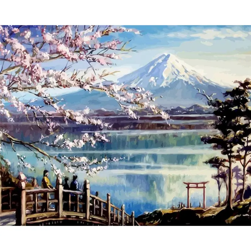 

RUOPOTY DIY Fujiyama Landscape Diamond painting Needlework Cherry Blossoms Full diamond embroidery Living room decoration