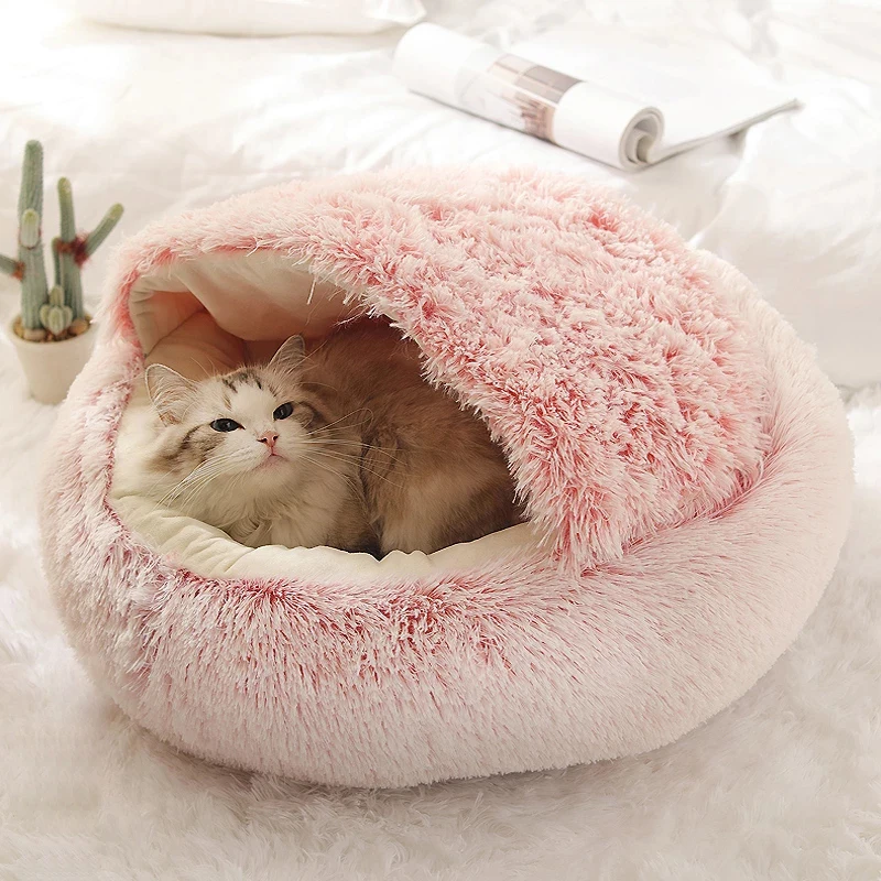 

New Warm Plush Cat Bed Deep Round Half-pack Puppy Pet House Semi-enclosed Pet Bed Anti-slip Animal Pad Mat Home Pet Supplies