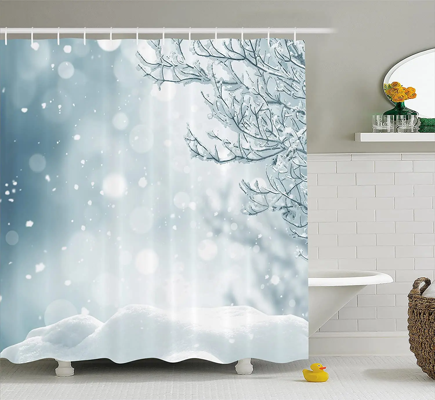 

Занавес для душа, зимняя, на рождественскую тематику, с изображениями снежинок и дерева, для размещения в ванной
