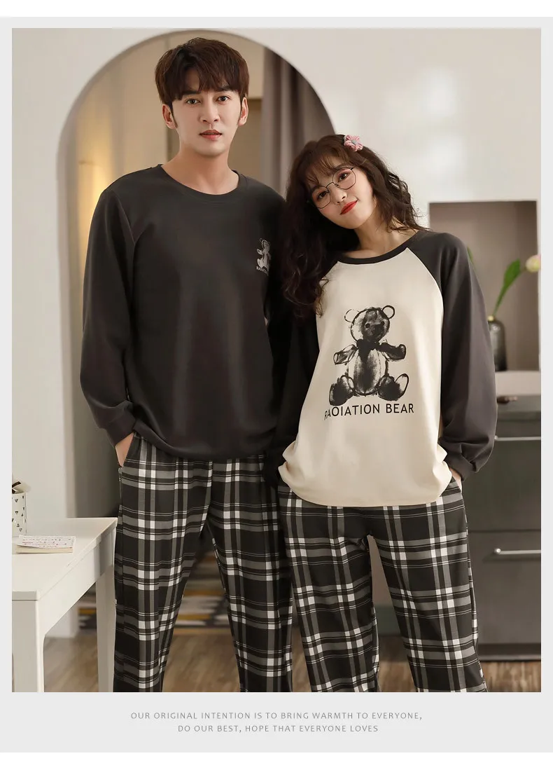 Yasuk Spring Autumn Fashion Women's Casual Soft Cotton Sleepwear Homewear Couple Pajamas Set With Pants Plaid Bear Unisex