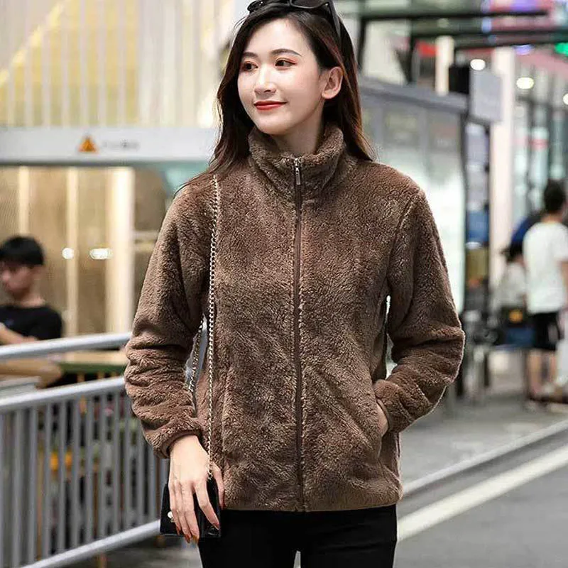 Parkas Women's Outdoors Coats 2022 Winter Fashion Faux Fur Coral Velvet Zipper Splicing Stand Collar Casual Warm Jackets Woman